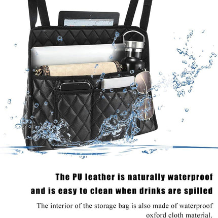 Car Seat Storage Bag: PU Leather Organizer with Hooks – Pet Barrier, Safe Driving Storage for Wallets/Phones (Black).