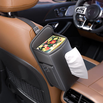 Car Seat Storage Organizer: Side-Mount Tissue Holder with Mesh Pockets – Waterproof Cup/Wallet Organizer for Cars/SUVs (Black).