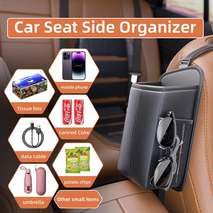 Car Seat Storage Organizer: Side-Mount Tissue Holder with Mesh Pockets – Waterproof Cup/Wallet Organizer for Cars/SUVs (Black).