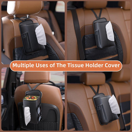 Car Seat Storage Organizer: Side-Mount Tissue Holder with Mesh Pockets – Waterproof Cup/Wallet Organizer for Cars/SUVs (Black).