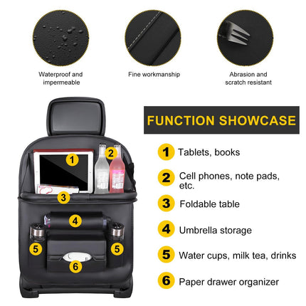 Car Back Seat Organizer with Foldable Table Tray – Universal Rear Seat Storage Bag, Multi-Pocket Holder for Tablet, Drinks & Essentials (Black).