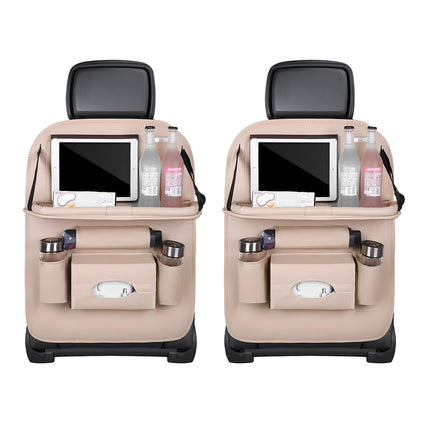 Car Back Seat Organizer with Foldable Table Tray – Universal Rear Seat Storage Bag, Multi-Pocket Holder for Tablet, Drinks & Essentials (Beige).