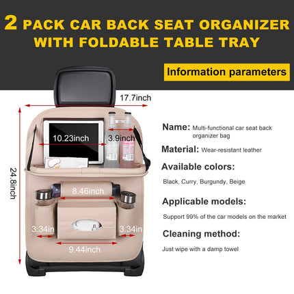Car Back Seat Organizer with Foldable Table Tray – Universal Rear Seat Storage Bag, Multi-Pocket Holder for Tablet, Drinks & Essentials (Beige).