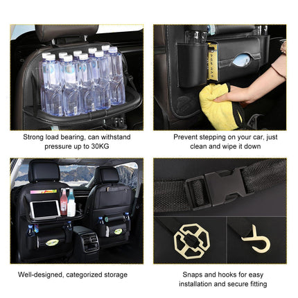 Car Back Seat Organizer with Foldable Table Tray – Universal Rear Seat Storage Bag, Multi-Pocket Holder for Tablet, Drinks & Essentials (Beige).