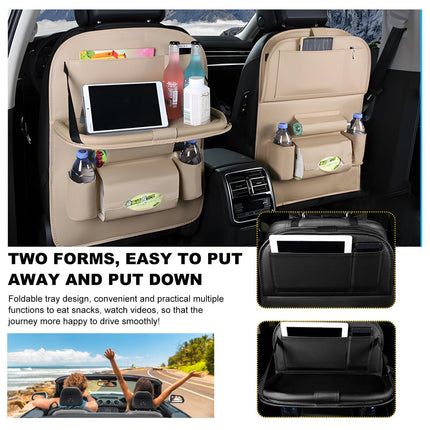 Car Back Seat Organizer with Foldable Table Tray – Universal Rear Seat Storage Bag, Multi-Pocket Holder for Tablet, Drinks & Essentials (Beige).
