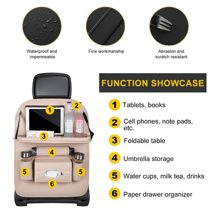 Car Back Seat Organizer with Foldable Table Tray – Universal Rear Seat Storage Bag, Multi-Pocket Holder for Tablet, Drinks & Essentials (Beige).