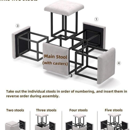 Stool, 5 in 1 Nesting Ottoman Stool with Swivel Casters Stackable Cube Square Sofa Vanity Movable Footstool for Living Room Bedroom(pink)