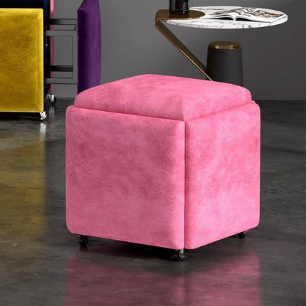 Stool, 5 in 1 Nesting Ottoman Stool with Swivel Casters Stackable Cube Square Sofa Vanity Movable Footstool for Living Room Bedroom(Blue)
