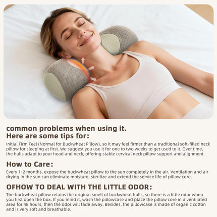 Organic Buckwheat Cervical Pillow – Ergonomic Neck Support for Side and Back Sleepers, Adjustable Firmness with Removable Cover, Natural Pain Relief for Neck and Shoulder Tension (Warm White).