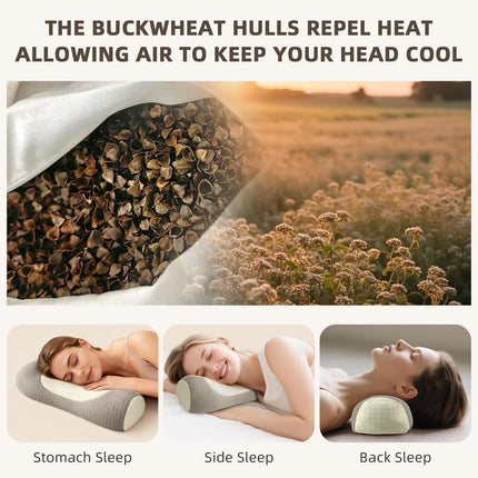 Organic Buckwheat Cervical Pillow – Ergonomic Neck Support for Side and Back Sleepers, Adjustable Firmness with Removable Cover, Natural Pain Relief for Neck and Shoulder Tension (Warm White).
