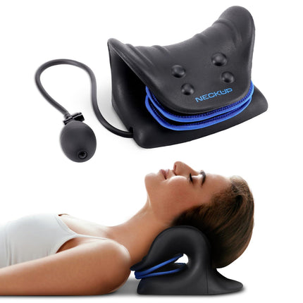 Adjustable Airbag Neck Stretcher – Ergonomic Cervical Traction Pillow with 8 Massage Points for Neck Pain Relief, Portable Spinal Alignment Device for Home, Office, and Travel Use (Black).