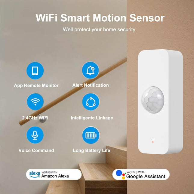 Smart WiFi Motion Sensor with App Alerts – 128° Detection, 6m Range, No Hub Required, Voice Control & Automation (White).