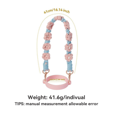 Hand-Woven Flower Water Bottle Strap with Silicone Ring 41cm/16.14 inch – Universal Cup Holder for 14oz, 30oz, and 40oz Stanley Tumblers, Adjustable Shoulder Strap with Rose Gold Clips and Net Pouch (Pink).