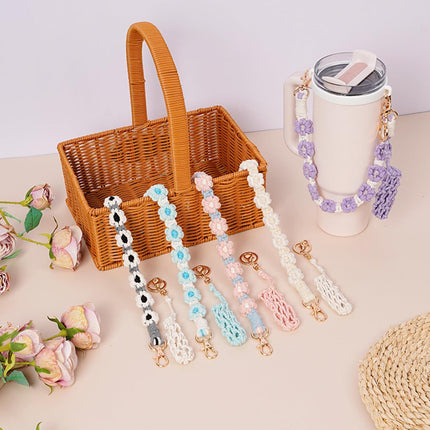 Hand-Woven Flower Water Bottle Strap with Silicone Ring 41cm/16.14 inch – Universal Cup Holder for 14oz, 30oz, and 40oz Stanley Tumblers, Adjustable Shoulder Strap with Rose Gold Clips and Net Pouch (Pink).