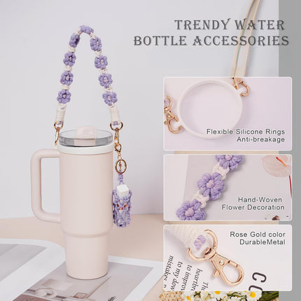 Hand-Woven Flower Water Bottle Strap with Silicone Ring 41cm/16.14 inch – Universal Cup Holder for 14oz, 30oz, and 40oz Stanley Tumblers, Adjustable Shoulder Strap with Rose Gold Clips and Net Pouch (Pink).