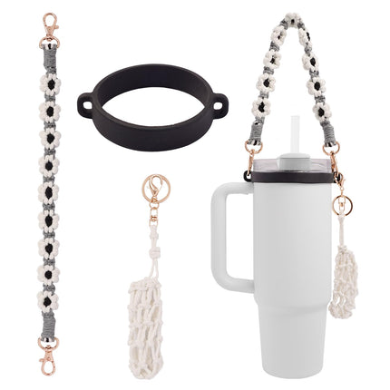 Hand-Woven Flower Water Bottle Strap with Silicone Ring 41cm/16.14 inch – Universal Cup Holder for 14oz, 30oz, and 40oz Stanley Tumblers, Adjustable Shoulder Strap with Rose Gold Clips and Net Pouch (Black).