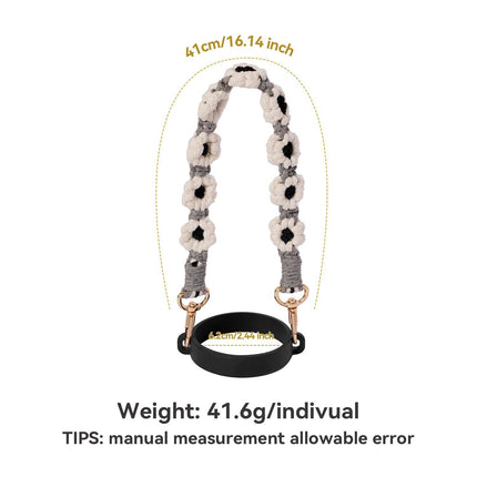Hand-Woven Flower Water Bottle Strap with Silicone Ring 41cm/16.14 inch – Universal Cup Holder for 14oz, 30oz, and 40oz Stanley Tumblers, Adjustable Shoulder Strap with Rose Gold Clips and Net Pouch (Black).