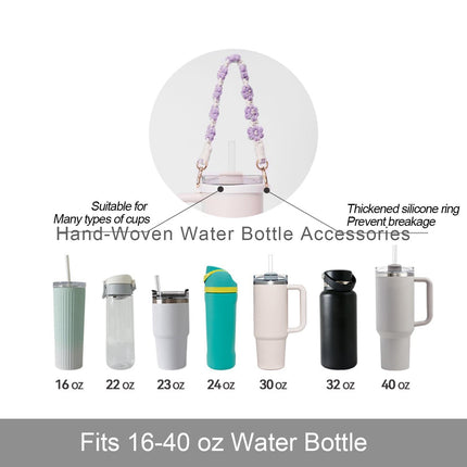 Hand-Woven Flower Water Bottle Strap with Silicone Ring 41cm/16.14 inch – Universal Cup Holder for 14oz, 30oz, and 40oz Stanley Tumblers, Adjustable Shoulder Strap with Rose Gold Clips and Net Pouch (Black).