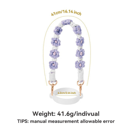 Hand-Woven Flower Water Bottle Strap with Silicone Ring 41cm/16.14 inch – Universal Cup Holder for 14oz, 30oz, and 40oz Stanley Tumblers, Adjustable Shoulder Strap with Rose Gold Clips and Net Pouch (Purple).