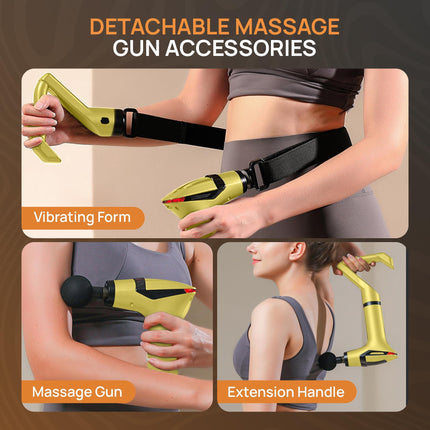 Yellow 3-in-1 Massage Gun with Extendable Handle & Back Strap – 12-Speed Deep Tissue Muscle Massager, 4 Attachments, USB-C Charging, for Athletes, Gym Recovery & Seniors | Black available in store.