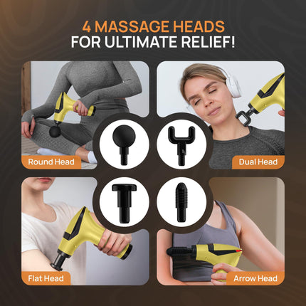 Yellow 3-in-1 Massage Gun with Extendable Handle & Back Strap – 12-Speed Deep Tissue Muscle Massager, 4 Attachments, USB-C Charging, for Athletes, Gym Recovery & Seniors | Black available in store.