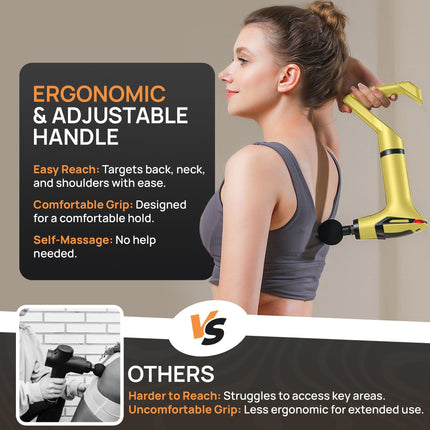 Yellow 3-in-1 Massage Gun with Extendable Handle & Back Strap – 12-Speed Deep Tissue Muscle Massager, 4 Attachments, USB-C Charging, for Athletes, Gym Recovery & Seniors | Black available in store.