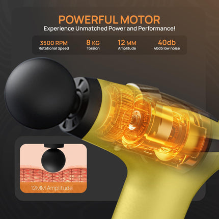 Yellow 3-in-1 Massage Gun with Extendable Handle & Back Strap – 12-Speed Deep Tissue Muscle Massager, 4 Attachments, USB-C Charging, for Athletes, Gym Recovery & Seniors | Black available in store.