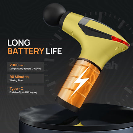 Yellow 3-in-1 Massage Gun with Extendable Handle & Back Strap – 12-Speed Deep Tissue Muscle Massager, 4 Attachments, USB-C Charging, for Athletes, Gym Recovery & Seniors | Black available in store.