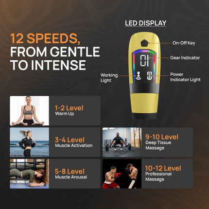 Yellow 3-in-1 Massage Gun with Extendable Handle & Back Strap – 12-Speed Deep Tissue Muscle Massager, 4 Attachments, USB-C Charging, for Athletes, Gym Recovery & Seniors | Black available in store.