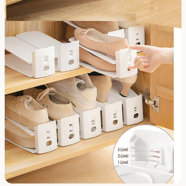 Adjustable Shoe Rack Organizer, 10-Pack Stackable Shoe Shelf for Closet Storage – Space-Saving Double Layer Shoe Holder with 3-Level Height Adjustment (White).
