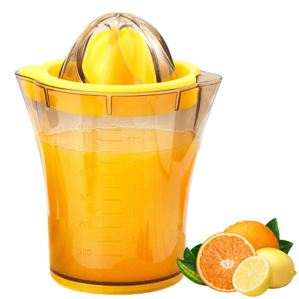 Handheld Citrus Juicer with Dual Reamer & 20oz Measuring Cup – Manual Lemon, Lime, Orange, Grapefruit Squeezer with Anti-Slip Base and Filtered Spout (Yellow).