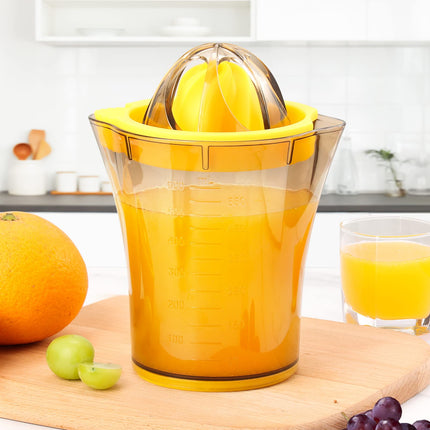 Handheld Citrus Juicer with Dual Reamer & 20oz Measuring Cup – Manual Lemon, Lime, Orange, Grapefruit Squeezer with Anti-Slip Base and Filtered Spout (Yellow).