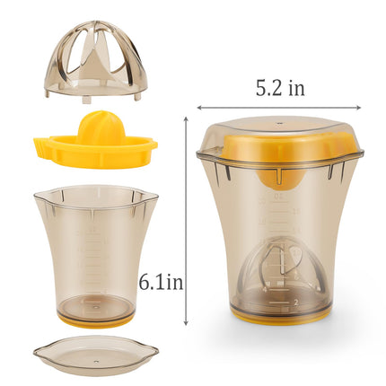 Handheld Citrus Juicer with Dual Reamer & 20oz Measuring Cup – Manual Lemon, Lime, Orange, Grapefruit Squeezer with Anti-Slip Base and Filtered Spout (Yellow).