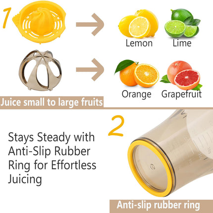 Handheld Citrus Juicer with Dual Reamer & 20oz Measuring Cup – Manual Lemon, Lime, Orange, Grapefruit Squeezer with Anti-Slip Base and Filtered Spout (Yellow).
