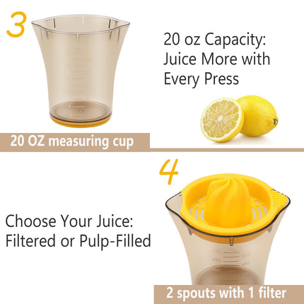 Handheld Citrus Juicer with Dual Reamer & 20oz Measuring Cup – Manual Lemon, Lime, Orange, Grapefruit Squeezer with Anti-Slip Base and Filtered Spout (Yellow).