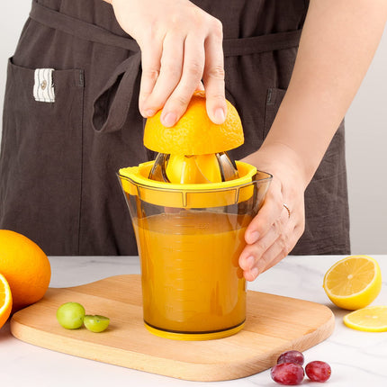 Handheld Citrus Juicer with Dual Reamer & 20oz Measuring Cup – Manual Lemon, Lime, Orange, Grapefruit Squeezer with Anti-Slip Base and Filtered Spout (Yellow).