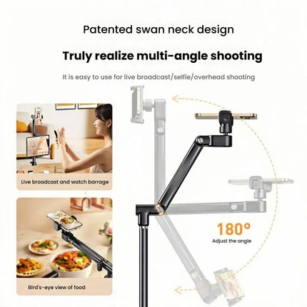 Floor Standing Phone Tripod with Swan Neck Arm – Includes Phone Clamp & Selfie Remote, Multi-Angle Stand for Live Streaming, Food Photography, Vlogging (Black).