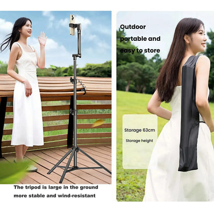 Floor Standing Phone Tripod with Swan Neck Arm – Includes Phone Clamp & Selfie Remote, Multi-Angle Stand for Live Streaming, Food Photography, Vlogging (Black).