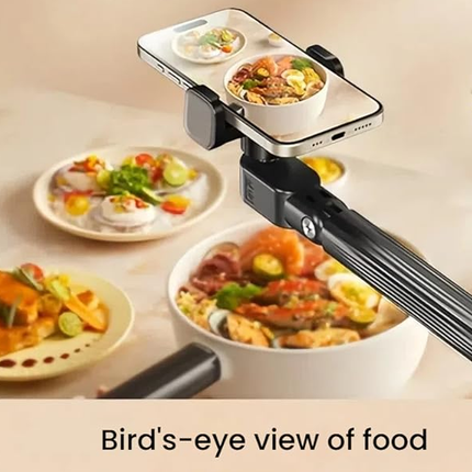 Floor Standing Phone Tripod with Swan Neck Arm – Includes Phone Clamp & Selfie Remote, Multi-Angle Stand for Live Streaming, Food Photography, Vlogging (Black).