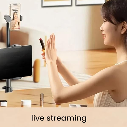 Floor Standing Phone Tripod with Swan Neck Arm – Includes Phone Clamp & Selfie Remote, Multi-Angle Stand for Live Streaming, Food Photography, Vlogging (Black).