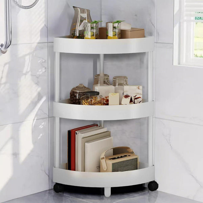 White Corner Storage Shelf – 3-Tier Rolling Organizer for Bathroom, Kitchen & Bedroom | Space-Saving Aluminum Rack with Wheels | Black Available In-Store.