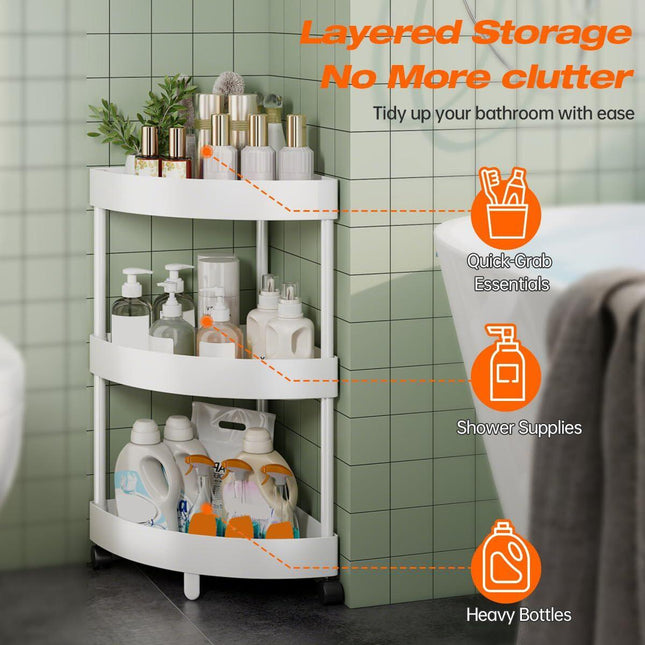 White Corner Storage Shelf – 3-Tier Rolling Organizer for Bathroom, Kitchen & Bedroom | Space-Saving Aluminum Rack with Wheels | Black Available In-Store.