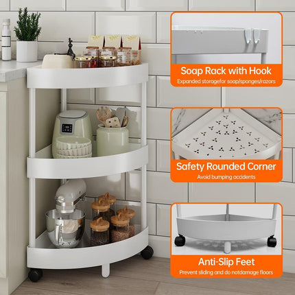 White Corner Storage Shelf – 3-Tier Rolling Organizer for Bathroom, Kitchen & Bedroom | Space-Saving Aluminum Rack with Wheels | Black Available In-Store.