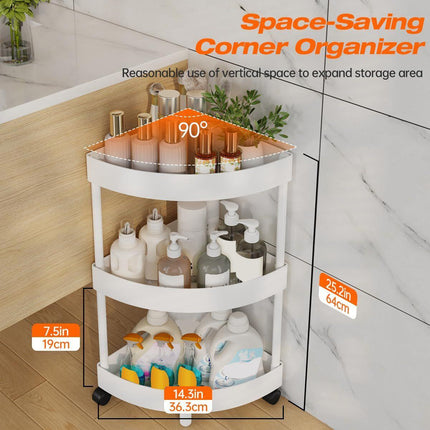 White Corner Storage Shelf – 3-Tier Rolling Organizer for Bathroom, Kitchen & Bedroom | Space-Saving Aluminum Rack with Wheels | Black Available In-Store.