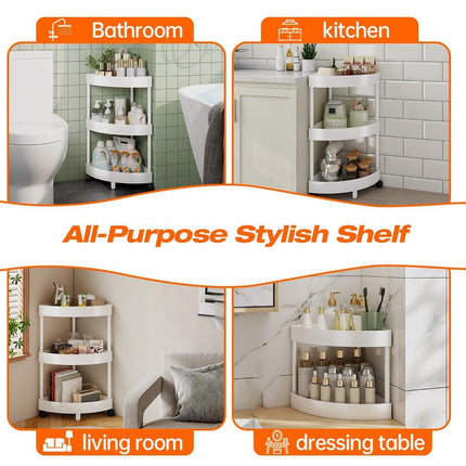 White Corner Storage Shelf – 3-Tier Rolling Organizer for Bathroom, Kitchen & Bedroom | Space-Saving Aluminum Rack with Wheels | Black Available In-Store.