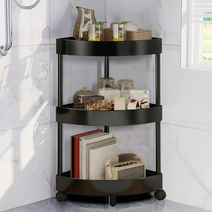 Black Corner Storage Shelf – 3-Tier Rolling Organizer for Bathroom, Kitchen & Bedroom | Space-Saving Aluminum Rack with Wheels | White Available In-Store.