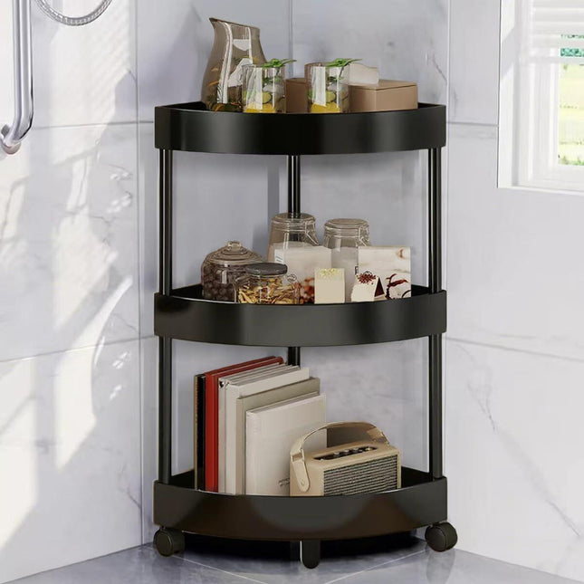 Black Corner Storage Shelf – 3-Tier Rolling Organizer for Bathroom, Kitchen & Bedroom | Space-Saving Aluminum Rack with Wheels | White Available In-Store.