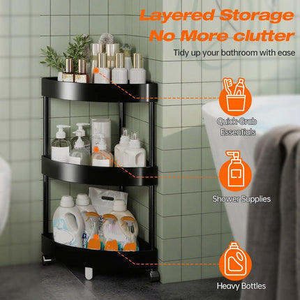 Black Corner Storage Shelf – 3-Tier Rolling Organizer for Bathroom, Kitchen & Bedroom | Space-Saving Aluminum Rack with Wheels | White Available In-Store.