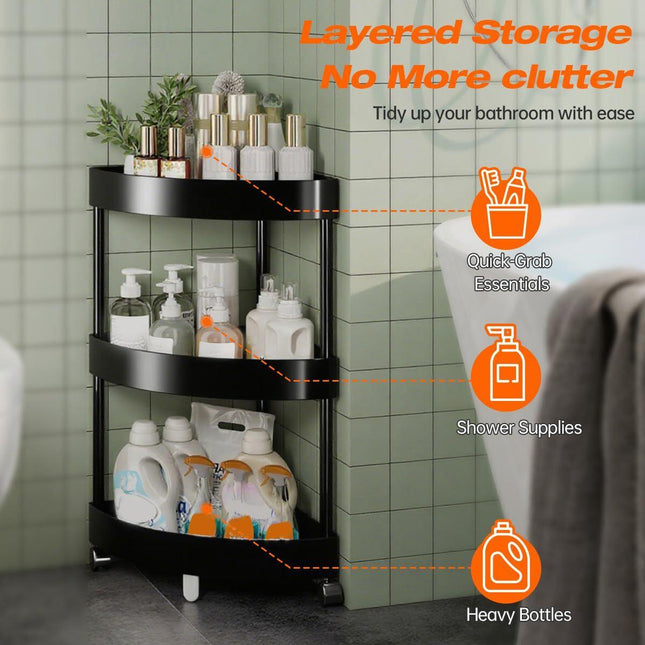 Black Corner Storage Shelf – 3-Tier Rolling Organizer for Bathroom, Kitchen & Bedroom | Space-Saving Aluminum Rack with Wheels | White Available In-Store.