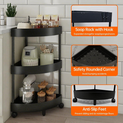 Black Corner Storage Shelf – 3-Tier Rolling Organizer for Bathroom, Kitchen & Bedroom | Space-Saving Aluminum Rack with Wheels | White Available In-Store.